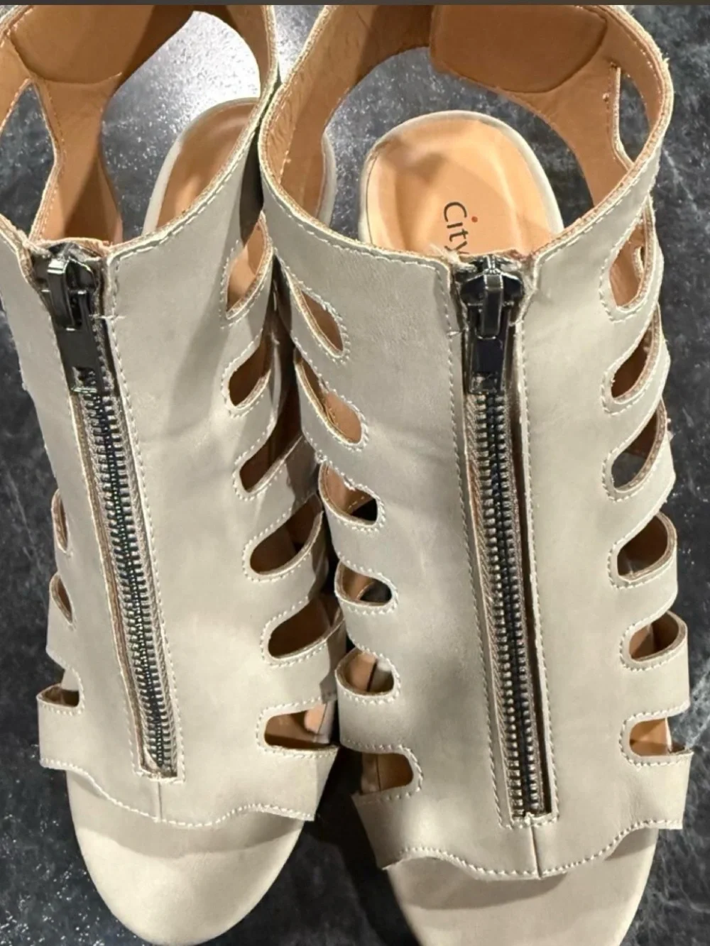 Beige Cutout Wedge Sandals - Women